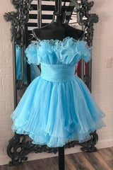Blue A-Line Strapless Ruffled Short Homecoming Dress