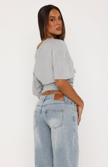 Hype Girl Cinched Waist Off Shoulder Top Grey Marle