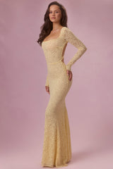 Lace Long-Sleeve Maxi Dress in Butter Yellow