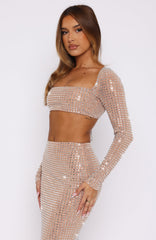 Good Vibes Only Embellished Long Sleeve Top Beige
