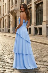 Blue - Sheath Sweetheart Chiffon Long Prom Dresses With Ruffles