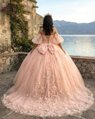 Ball-Gown Pink Tulle Sweetheart Sleeveless Quinceanera Dresses with Bow