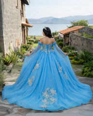 Ball-Gown Sky Blue Appliques Quinceanera Dresses with Cape