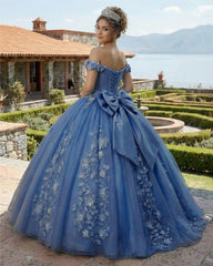 Big Bow Floral Flower Lace Applique Off Shoulder Ball Gown Quinceanera Dresses