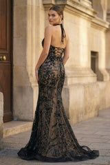 Black Halter Mermaid Sequined Long Prom Dresses With Cape