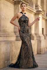 Black Halter Mermaid Sequined Long Prom Dresses With Cape