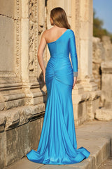 Blue One-Sleeve Mermaid Long Gown with Slit