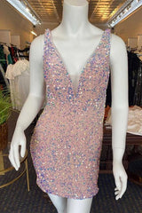 Blue Bodycon V Neck Sequins Mini Party Dresses