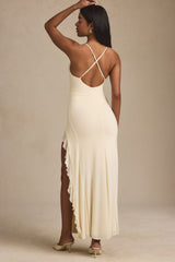 Ruched Ruffle-Trim Maxi Dress in Ivory