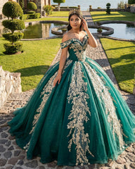 Ball Gown Organza Off-the-Shoulder Dark Green Quinceanera Dress