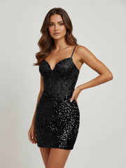Black V-Neck Sequined Sheath Homecoming Dress