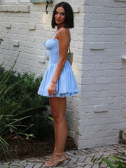 Blue - Square Neck A Line Satin Homecoming Dresses With Bow