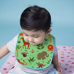 Baby Wearing Happy Matty Jungle Print Waterproof Bib During Mealtime