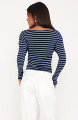Head In The Clouds Off Shoulder Long Sleeve Top Blue/Navy Stripe