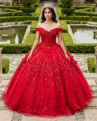 Ball Gown Lace Off-the-Shoulder Red Quinceanera Dress