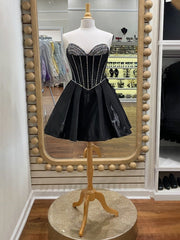 Black - Strapless Satin A Line Beaded Homecoming Dress With Bow