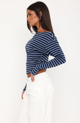 Head In The Clouds Off Shoulder Long Sleeve Top Blue/Navy Stripe