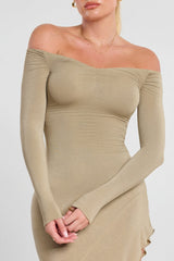 Long Sleeve Off-The-Shoulder Modal Cashmere Blend Maxi Dress in Taupe