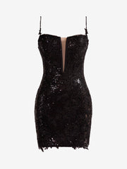 Black Sheath Spaghetti Straps Sequined Lace Mini Party Dresses