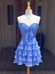Blue - A Line Tulle Ruffles Sweetheart Short Homecoming Dresses with Bow