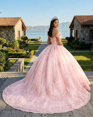 Ball-Gown Tulle Light Pink Off-the-Shoulder Quinceanera Dress with Appliques