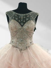 Ball Gown See Through Neck Tulle Blush Pink Quinceanera Dresses
