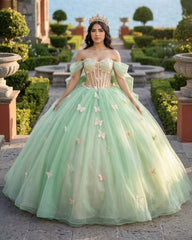 Ball Gown Sage Green Tulle Quinceanera Dress With Butterflies