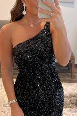Black Tight Sequins One Shoulder Mini Party Dresses