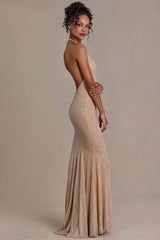 Premium Embellished Plunge-Neck Open-Back Gown in Beige Gold