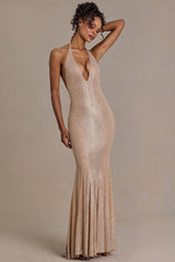 Premium Embellished Plunge-Neck Open-Back Gown in Beige Gold