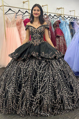 Black Satin Appliques Off-the-Shoulder Quinceanera Dress