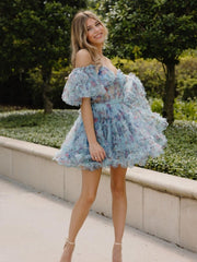 Blue A Line Off the Shoulder Printed Homecoming Dress