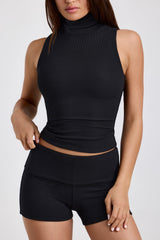 Modal Ribbed Mid-Rise Foldover Shorts in Black