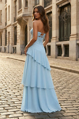 Blue - Sheath Sweetheart Chiffon Long Prom Dresses With Ruffles
