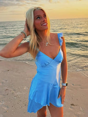 Blue - V Neck Satin Ruffles A Line Short Homecoming Dress