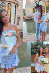 Blue - Sheath Strapless Ruffles Pleated Short Homecoming Dresses