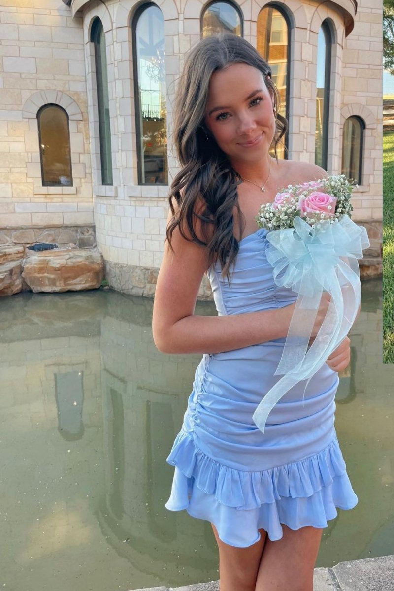 Blue - Sheath Strapless Ruffles Pleated Short Homecoming Dresses