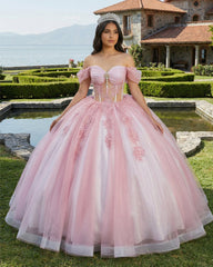 Ball-Gown Tulle Light Pink Off-the-Shoulder Quinceanera Dress with Appliques
