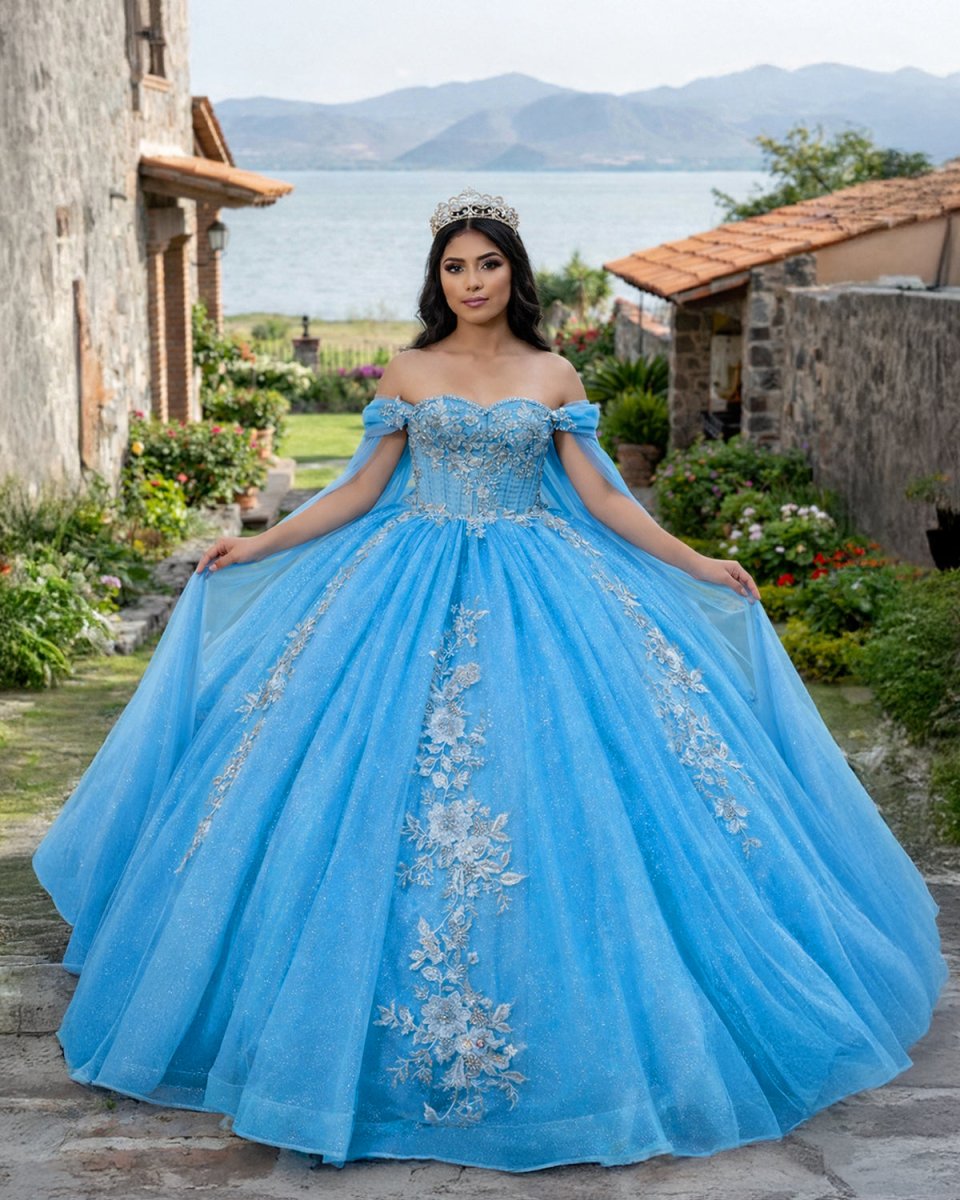 Ball-Gown Sky Blue Appliques Quinceanera Dresses with Cape