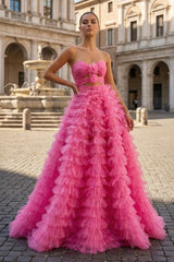 Ball Gown Sweetheart Pink Tiered Printed Tulle Prom Dress