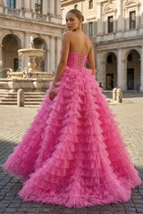Ball Gown Sweetheart Pink Tiered Printed Tulle Prom Dress