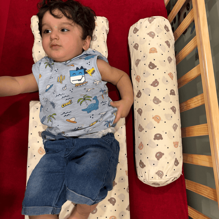 Baby Using Happy Matty Bear Print Wedge Pillow with Matching Bolster Pillow
