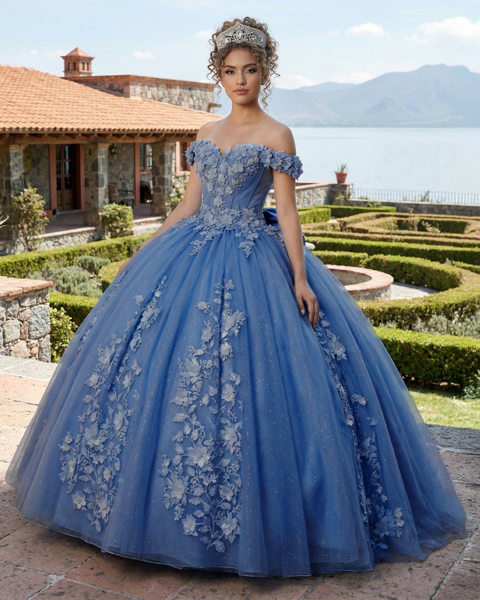 Big Bow Floral Flower Lace Applique Off Shoulder Ball Gown Quinceanera Dresses