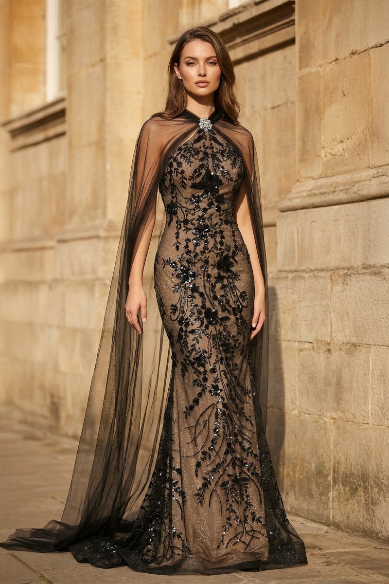 Black Halter Mermaid Sequined Long Prom Dresses With Cape