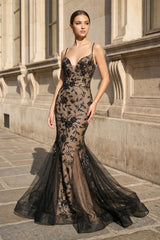 Black-Nude Mermaid Spaghetti Straps Tulle Long Prom Dresses With Floral Sequins
