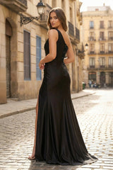 Black One Shoulder Sain Long Prom Dresses with Appliques