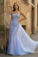 Blue Mermaid Sweetheart Neck Lace Long Prom Dress With Appliques