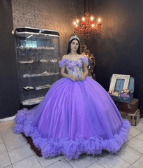 Ball Gown Organza Off-the-Shoulder  Purple Quinceanera Dress