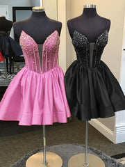 Black - V Neck A-line Short Homecoming Dress With Beadings
