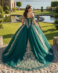 Ball Gown Organza Off-the-Shoulder Dark Green Quinceanera Dress